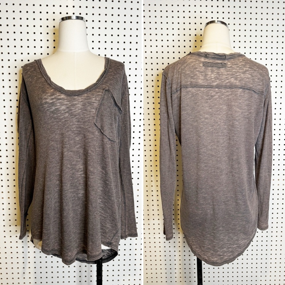 Free People |‎ Long Sleeve Brown Pocket Tee w/ Scoop Neck, Oversized Fit